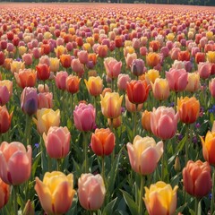 &ldquo;Vibrant Colorful Tulip Field in Full Bloom Under Blue Sky, Endless Rows of Pink Yellow and Orange Tulips in Spring Landscape, Beautiful Flower Farm Countryside Nature Background&rdquo;