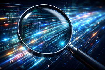 Analyzing Data with Magnifying Glass: A high-tech composition unveils the power of analysis, featuring a magnifying glass focused on streams of digital code.