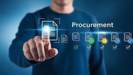 Businessman interacting with digital procurement documents on futuristic interface for workflow automation and management