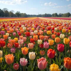 &ldquo;Vibrant Colorful Tulip Field in Full Bloom Under Blue Sky, Endless Rows of Pink Yellow and Orange Tulips in Spring Landscape, Beautiful Flower Farm Countryside Nature Background&rdquo;
