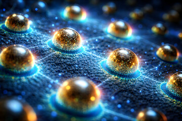 Molecular Network: A captivating close-up of a complex molecular network with spherical, golden structures interconnected by glowing, ethereal blue pathways, conveying the intricate beauty of science.