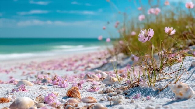 Coastal scene of seashells and blooming wildflowers on a sunny beach