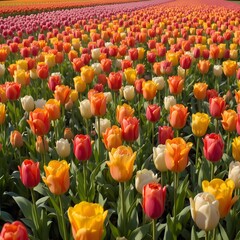 &ldquo;Vibrant Colorful Tulip Field in Full Bloom Under Blue Sky, Endless Rows of Pink Yellow and Orange Tulips in Spring Landscape, Beautiful Flower Farm Countryside Nature Background&rdquo;
