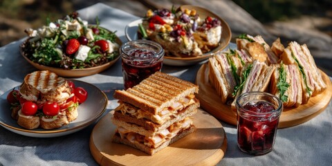 An inviting rustic picnic spread featuring a variety of sandwiches, salads, and refreshing drinks on a wooden table