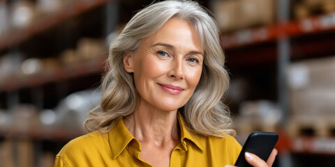 Senior woman entrepreneur smiling while using a smartphone in a warehouse setting, showcasing confidence and professionalism