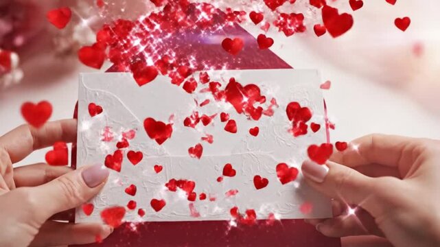 Hands gently hold an embossed white card adorned with numerous sparkling red hearts partially withdrawn from a vibrant red envelope
