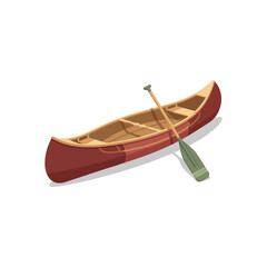 Classic red canoe with wooden paddle, a timeless symbol of outdoor adventure, isolated vector illustration