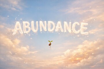 A visual representation of abundance featuring a seedling emerging from the earth against a backdrop of fluffy clouds emphasizing growth potential and natural prosperity