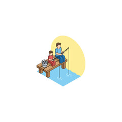 Father and son fishing from a wooden dock, enjoying a peaceful hobby, family bonding illustration.