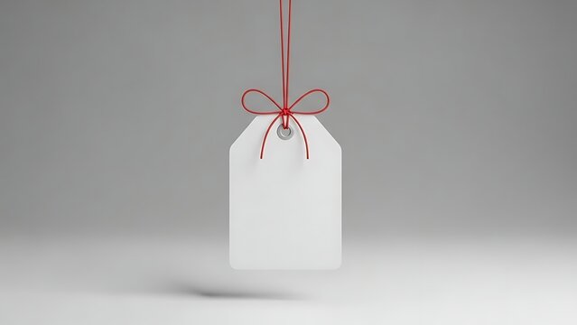 White gift tag with red ribbon on gray background, blank label hanging from string