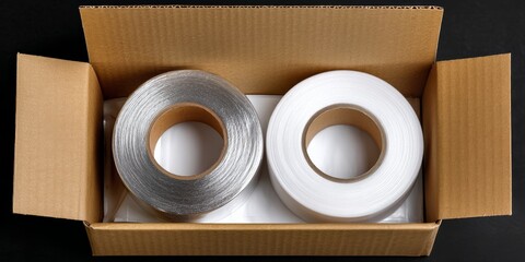 Two rolls of packing tape, one silver and one white, inside a brown cardboard box on a dark surface