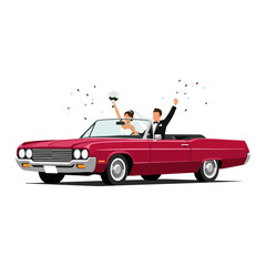 Happy newlywed couple celebrating their wedding in a classic red convertible car, confetti falling