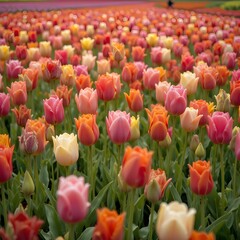 &ldquo;Vibrant Colorful Tulip Field in Full Bloom Under Blue Sky, Endless Rows of Pink Yellow and Orange Tulips in Spring Landscape, Beautiful Flower Farm Countryside Nature Background&rdquo;