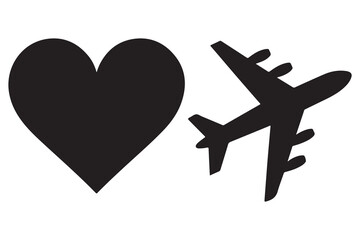 Airplane and heart love travel concept silhouette

