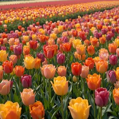 &ldquo;Vibrant Colorful Tulip Field in Full Bloom Under Blue Sky, Endless Rows of Pink Yellow and Orange Tulips in Spring Landscape, Beautiful Flower Farm Countryside Nature Background&rdquo;