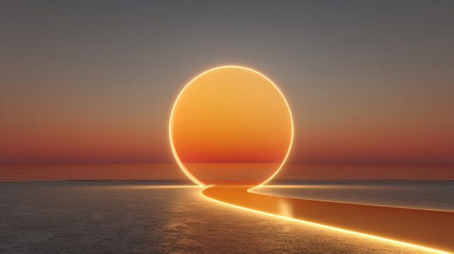 Glowing Orange Circle Portal on Horizon Above Reflective Water and Path abstract bright