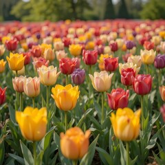 &ldquo;Vibrant Colorful Tulip Field in Full Bloom Under Blue Sky, Endless Rows of Pink Yellow and Orange Tulips in Spring Landscape, Beautiful Flower Farm Countryside Nature Background&rdquo;