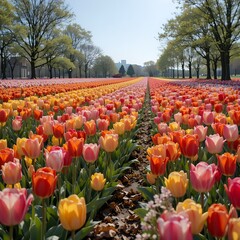 &ldquo;Vibrant Colorful Tulip Field in Full Bloom Under Blue Sky, Endless Rows of Pink Yellow and Orange Tulips in Spring Landscape, Beautiful Flower Farm Countryside Nature Background&rdquo;