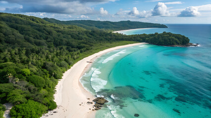 Fototapeta premium Aerial View of Pristine Tropical Beach with White Sand Turquoise Ocean and Lush Green Jungle beach, tropical, aerial, pristine, sand, white, ocean, turquoise, jungle, lush, green, coastline, paradise,