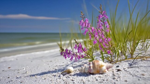 Coastal scene shells flowers and grass on a sandy beach