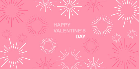 Happy Valentines Day text with fireworks and hearts on pink background for greeting card. Romantic celebration banner template. © Achmad Sukriyadi