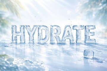 Ice water hydration message in translucent letters sparkling under soft atmospheric lighting conveying a refreshing sense of vitality and wellness