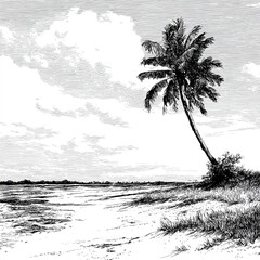 A serene beach scene with a solitary palm tree leaning to one side on a sandy shore under a cloudy sky