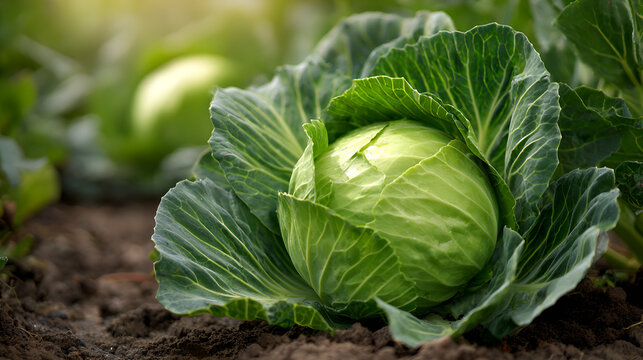 Green cabbage growing in soil garden