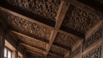 Intricate Wood Carvings Adorn a Traditional Ceiling.