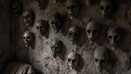 Wall of Masks - Eerie Collection of Faces in Dark Setting.