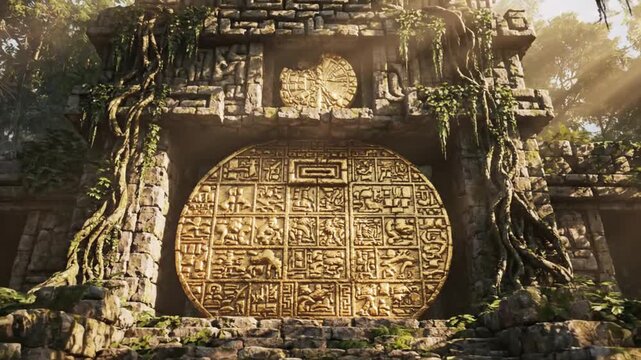 Ornate stone structure in a jungle adorned with two prominent golden circular carved panels