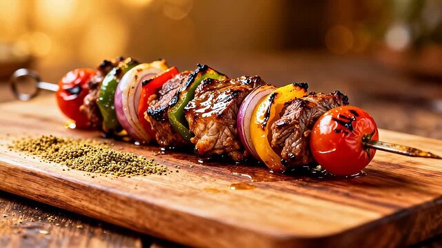 Grilled kebabs with vegetables on wooden board