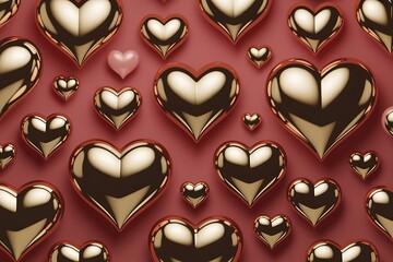 Varying Size Heart Pattern for Valentine's Day. 3D Background of Glossy Gold and Small Pink Hearts for February 14th.
