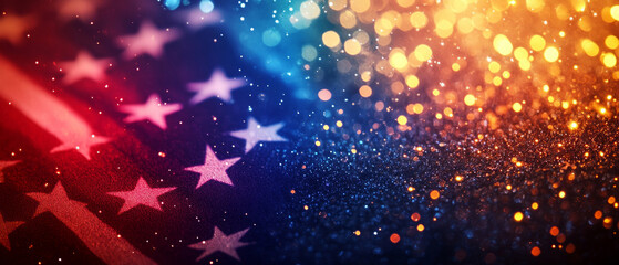 The sparkling stars and blurred lights on the flag create a festive atmosphere, ideal for the backdrop in event design or patriotic campaigns.