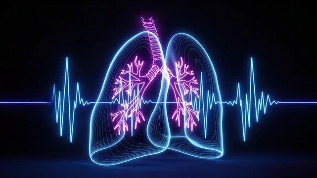 Neon lungs illustration with heartbeat waveform isolated on transparent background for medical and health concepts