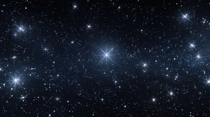 Starfield with twinkling and shimmering light points against a dark blue sky background with many stars. Cosmic universe or outer space concept. Starry night.