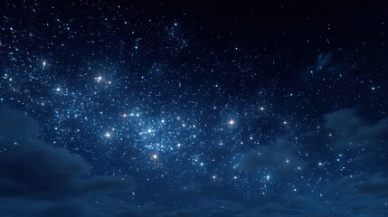 Starfield with twinkling and shimmering light points against a dark blue sky background with many stars. Cosmic universe or outer space concept. Starry night. Milky way.