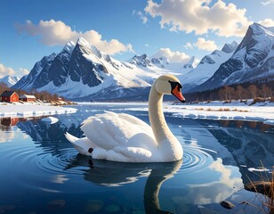 A serene white swan glides on a calm, icy lake. Towering snow-capped mountains form a stunning backdrop under a blue sky