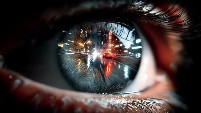 Speed car reflected in human eye macro shot with city night lights