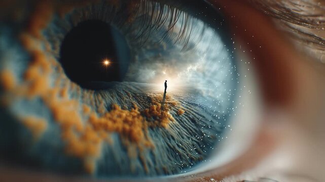 Man standing inside human eye iris macro shot concept of self awareness