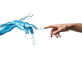 caucasian male hand's index finger making delicate contact with a translucent cerulean liquid hand, hyperrealistic macro photograph against transparent background. concept of elemental interaction and