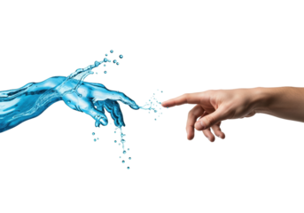 caucasian male hand's index finger making delicate contact with a translucent cerulean liquid hand, hyperrealistic macro photograph against transparent background. concept of elemental interaction and