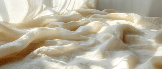 Crumpled light fabrics on the bed create a cosy texture — a versatile backdrop for interior design or bed linen advertising.