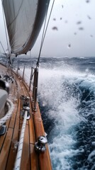 Obraz premium The stormy sea crashes against the side of the sailing ship, demonstrating the danger of the elements — a dramatic backdrop for articles on climate change or adventure films.