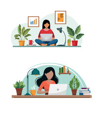 Flat vector illustration of a workspace with a laptop and diagrams 
