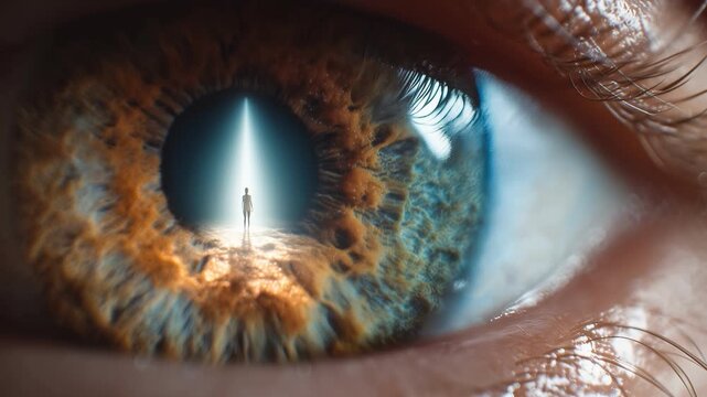 Human silhouette standing inside eye pupil concept of inner light and awareness
