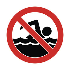 No swimming prohibition symbol in water with waves red circle cross sign silhouette