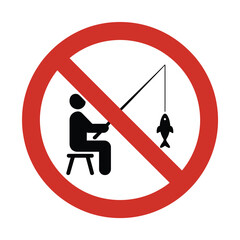 No fishing prohibition symbol person fishing on stool with rod red circle cross sign