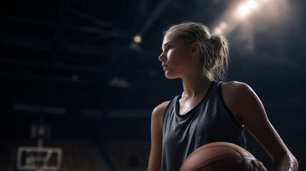 Cinematic low angle shot of woman basketball player in arena