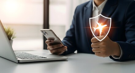 Businessman using smartphone and laptop with glowing protection shield icon, digital security and data protection awareness, secure online access and safe business technology